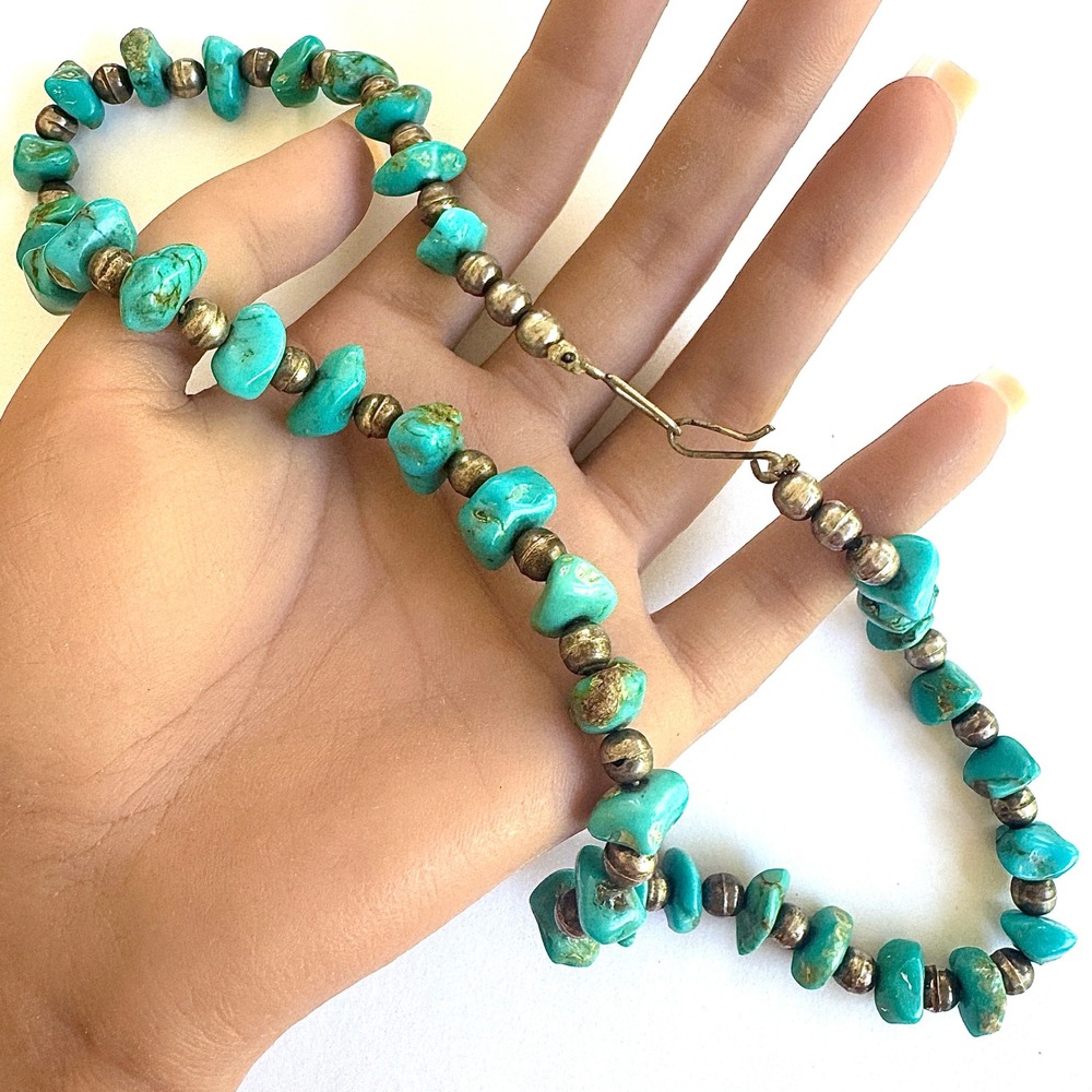 VTG Turquoise Necklace‎ Navajo 20in Bench Bead Nuggets Sterling 1960s